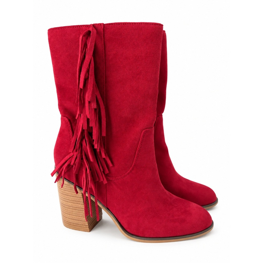 Soda Women's Size 9 Red Fringe Western Boots Block Heel Boho Cowgirl NEW